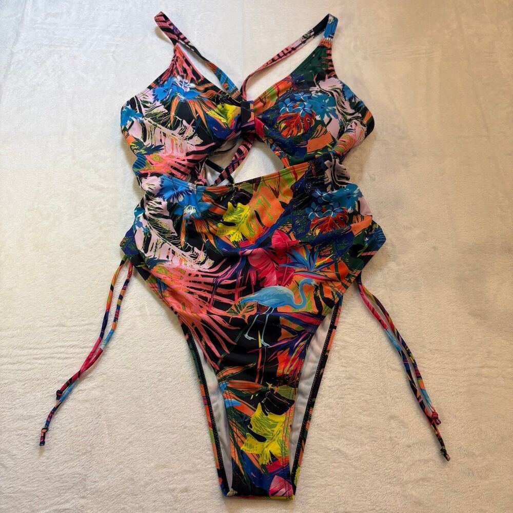 Womens 2XL One Piece Swimsuit Tropical Floral Cutout Strappy High Cut